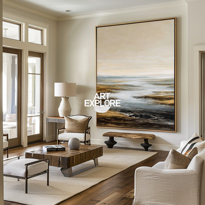 Abstract Texture Lake Landscape Art, Large Handmade Canvas for Cozy Home ArtExplore