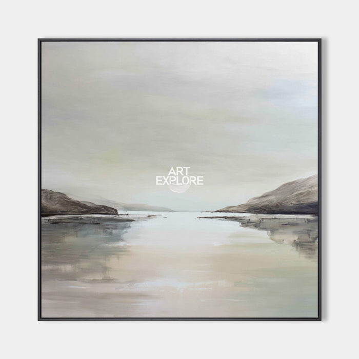 Modern Beige Haze Lake Landscape Oil Painting, Large Textured Wall Art – ArtExplore