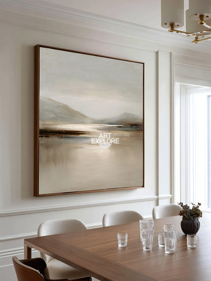 Soft Beige Lake Landscape Art | Large Square Textured Canvas ArtExplore