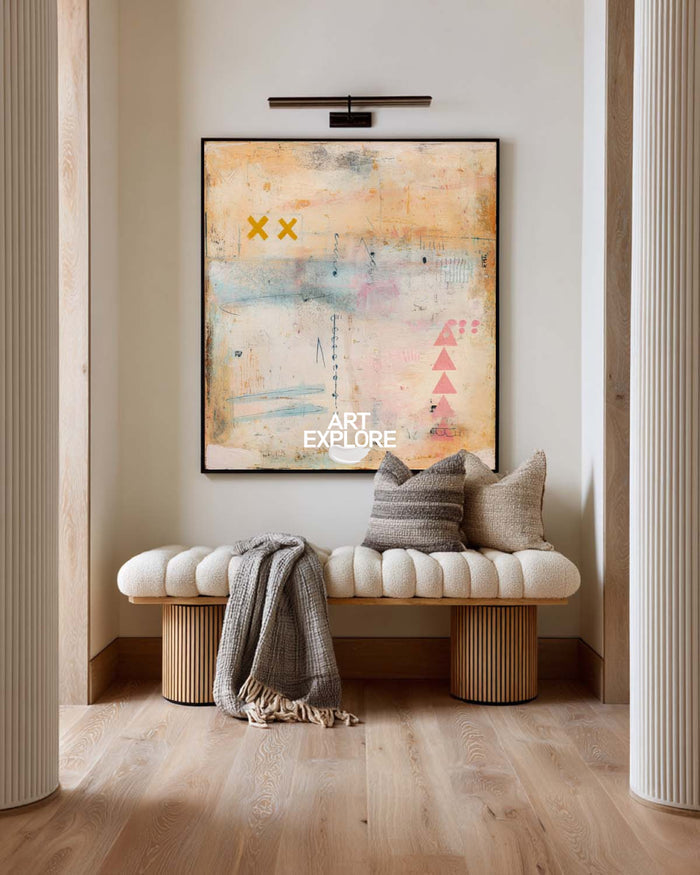 Modern Abstract Art Painting Beige And Pink For Contemporary Living Room Decor