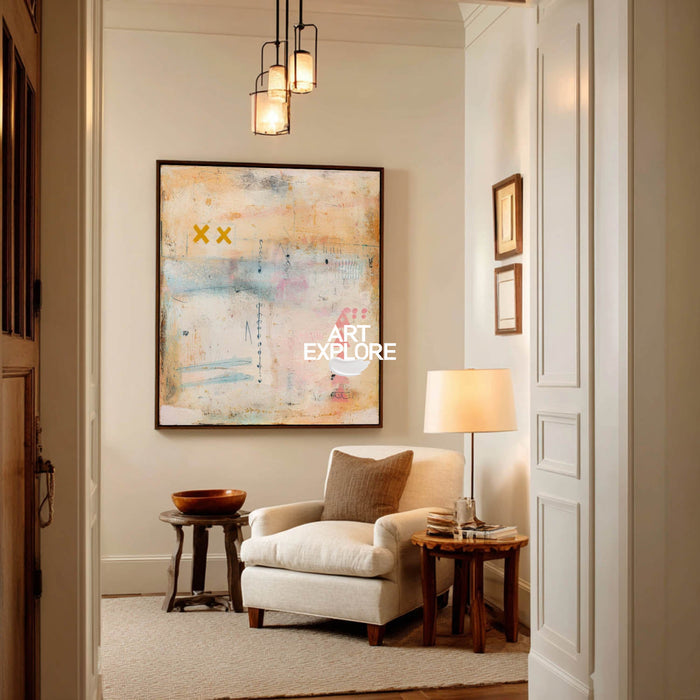 Modern Abstract Art Painting Beige And Pink For Contemporary Living Room Decor
