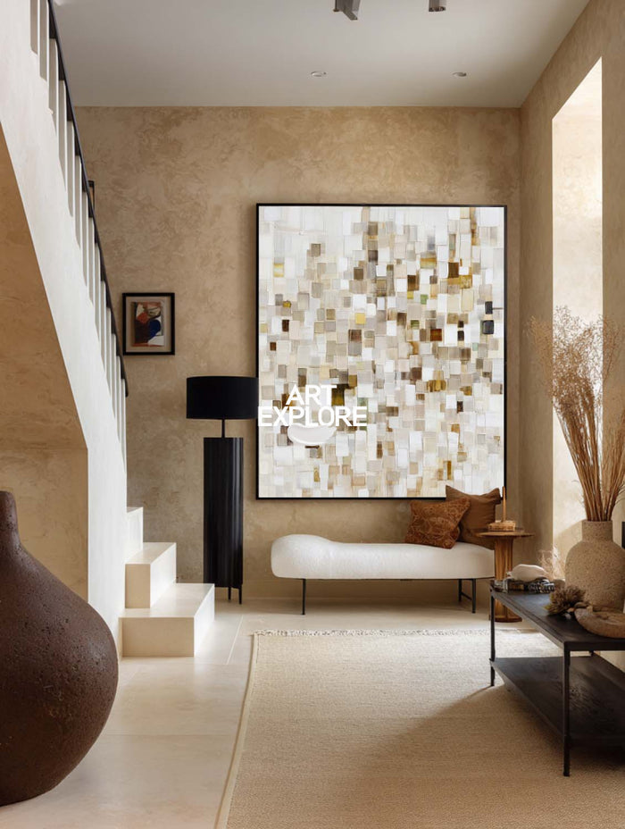 Modern Abstract Beige Painting With Mosaic Texture For Living Room Decor
