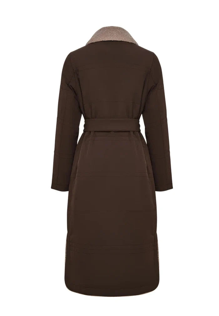 A stylish belted shearling coat with a trendy shearling collar, perfect for the winter season.