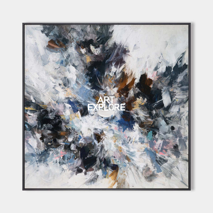 Modern Abstract Square Painting Black And White Textured Art For Living Room