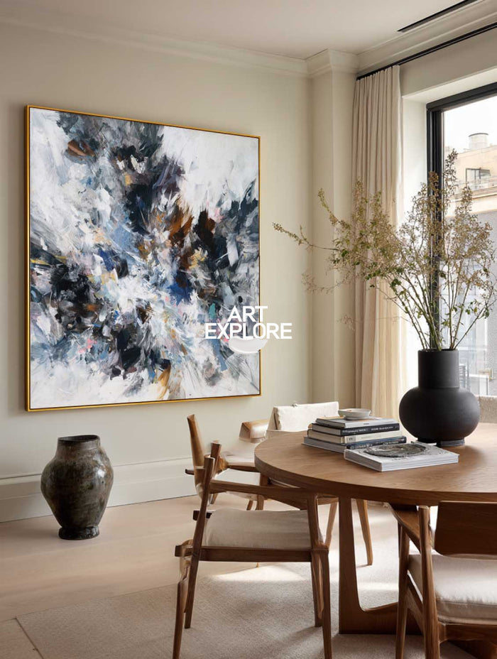 Modern Abstract Square Painting Black And White Textured Art For Living Room