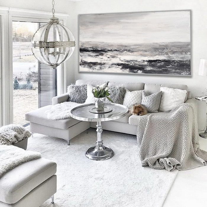 Large Black And White Beach Painting Acrylic Panoramic Abstract Seascapes Extra Large Coastal Wall Art