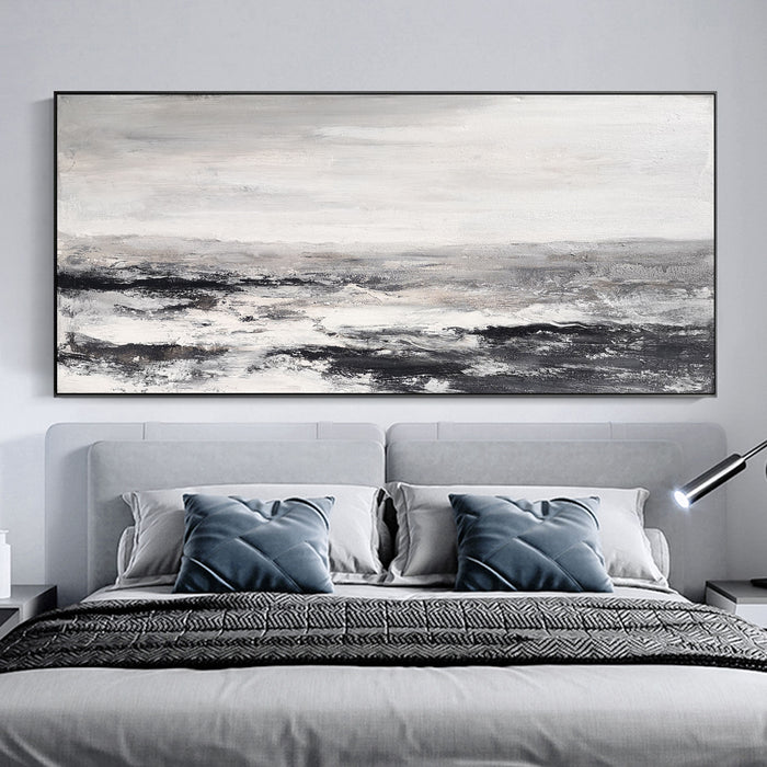 Large Black And White Beach Painting Acrylic Panoramic Abstract Seascapes Extra Large Coastal Wall Art