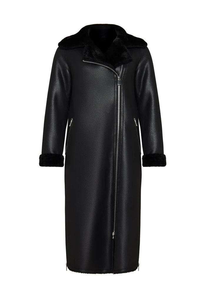 A fashionable black shearling coat, a must-have reversible long coat for women's winter outerwear, a trendy faux shearling jacket.