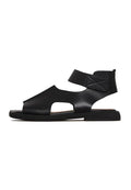 A stylish pair of black leather ankle strap sandals for a chic and sophisticated look.