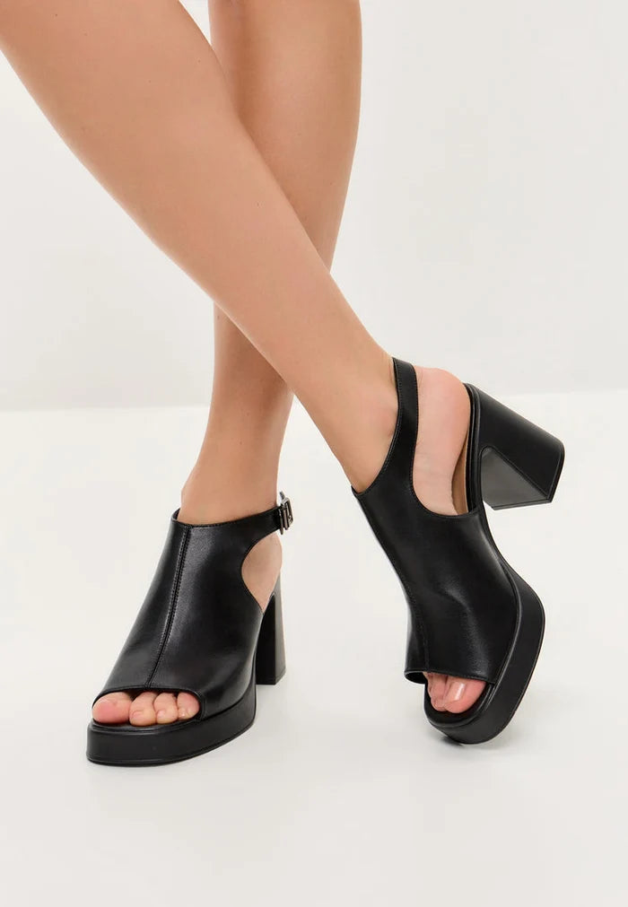Black Leather Block Heel Sandals