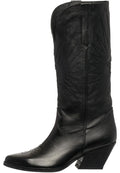 A sleek pair of black cowboy boots, featuring a pointed toe, block heel, and stylish western leather design.