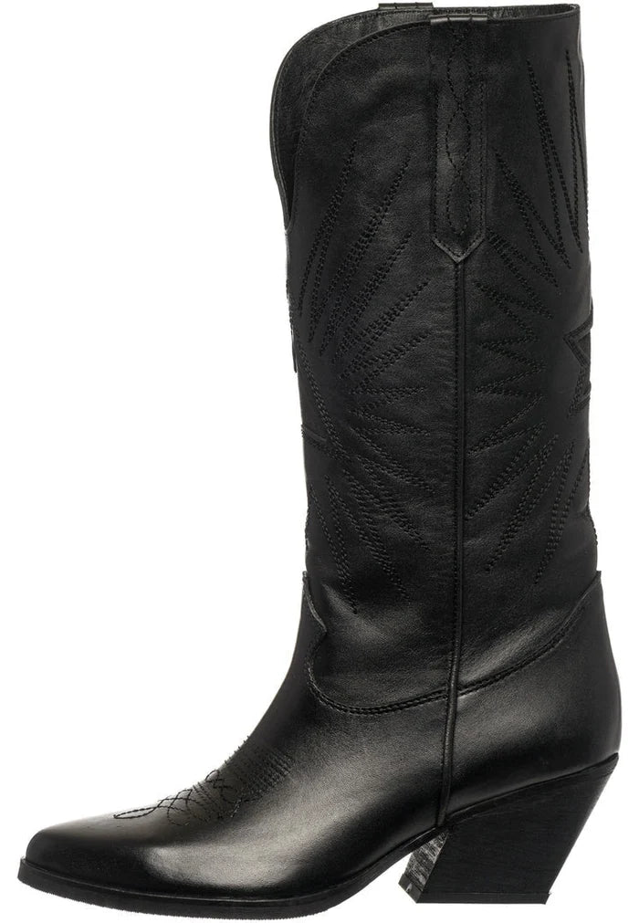 A sleek pair of black cowboy boots, featuring a pointed toe, block heel, and stylish western leather design.
