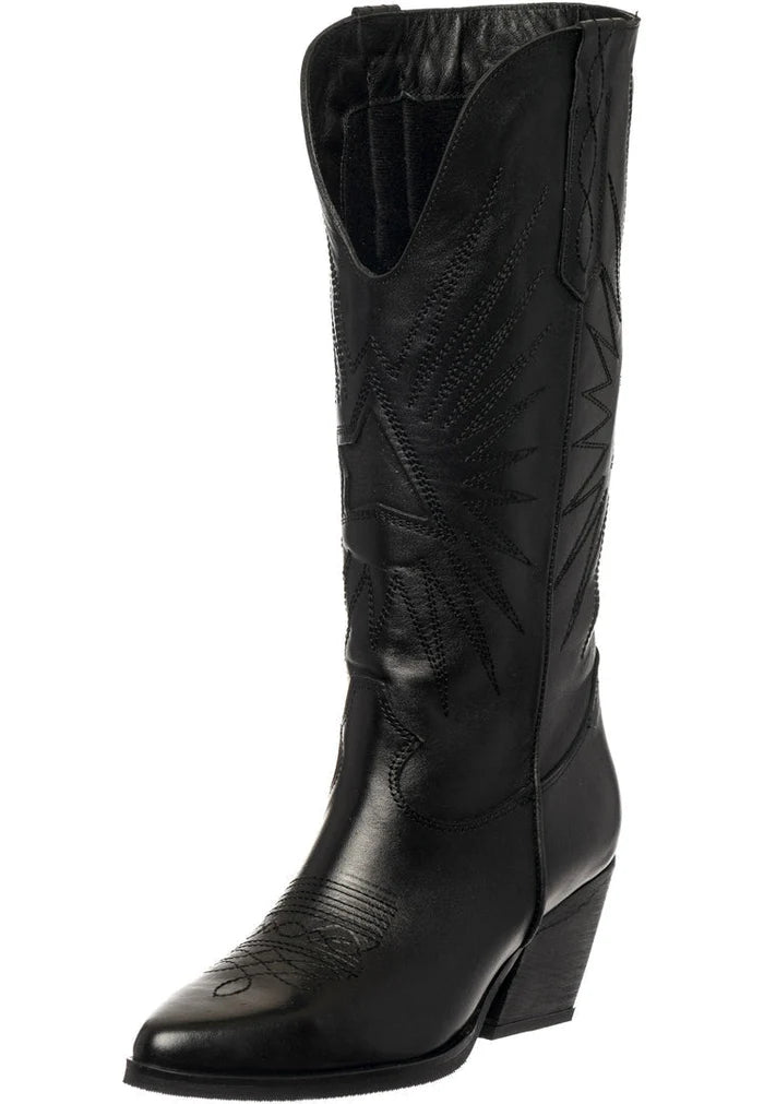 Stylish black cowboy boots with pointed toes, block heels, and intricate Western leather detailing.