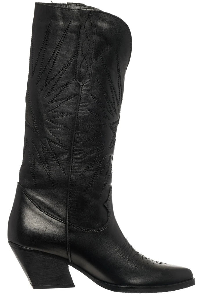 A stylish pair of black cowboy boots with a pointed toe, block heel, and Western leather design.