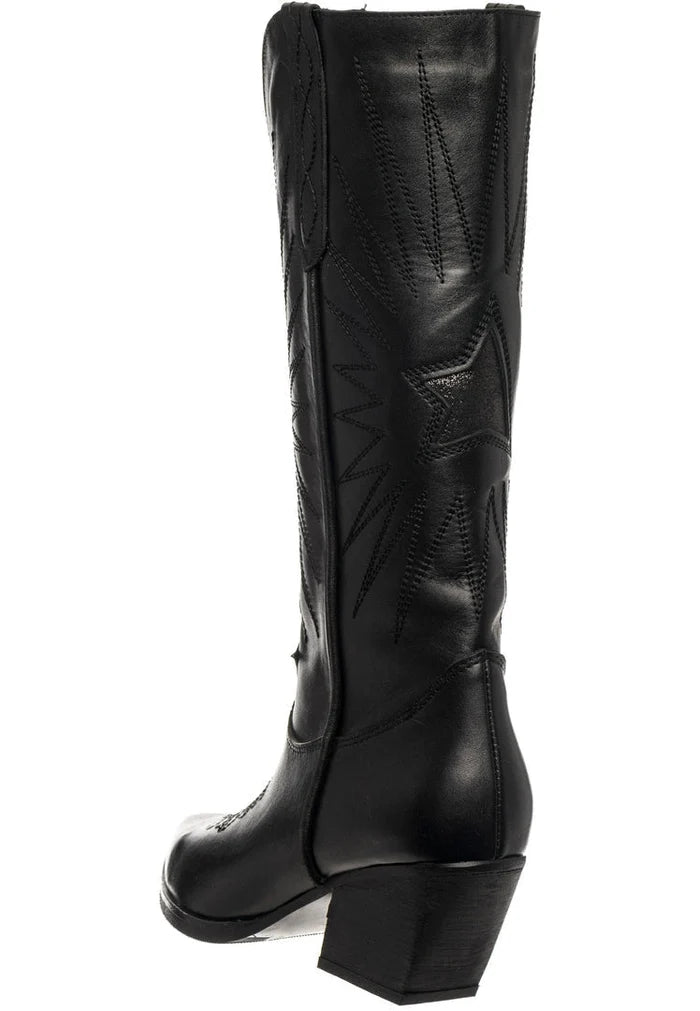 A stylish pair of black cowboy boots with a pointed toe, block heel, and western leather design.