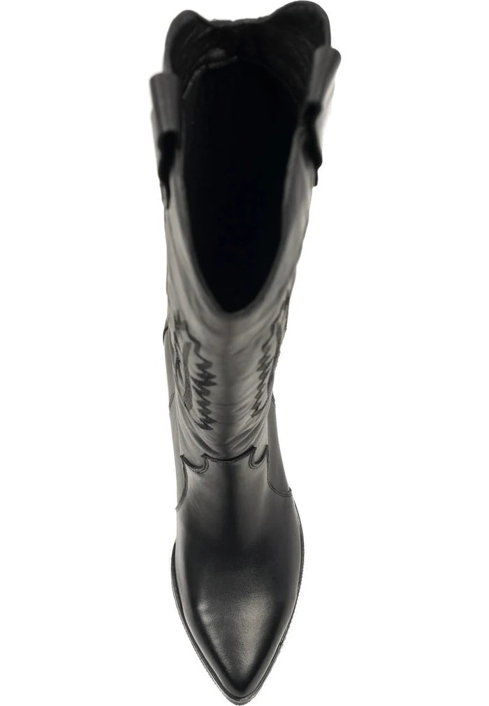 A stylish pair of black cowboy boots with pointed toes, block heels, and intricate western leather detailing.