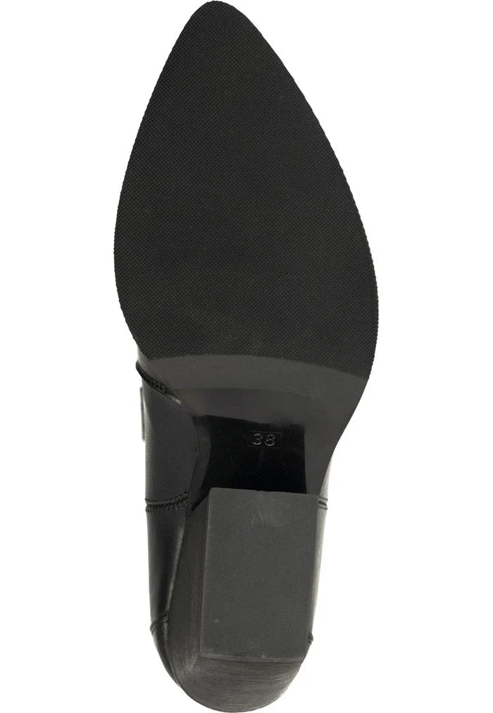 A stylish pair of black cowboy boots with pointed toes, block heels, and intricate western leather detailing.
