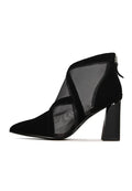 A stylish pair of black sheer ankle boots for women, featuring sheer booties with a mesh design for a transparent and trendy look.