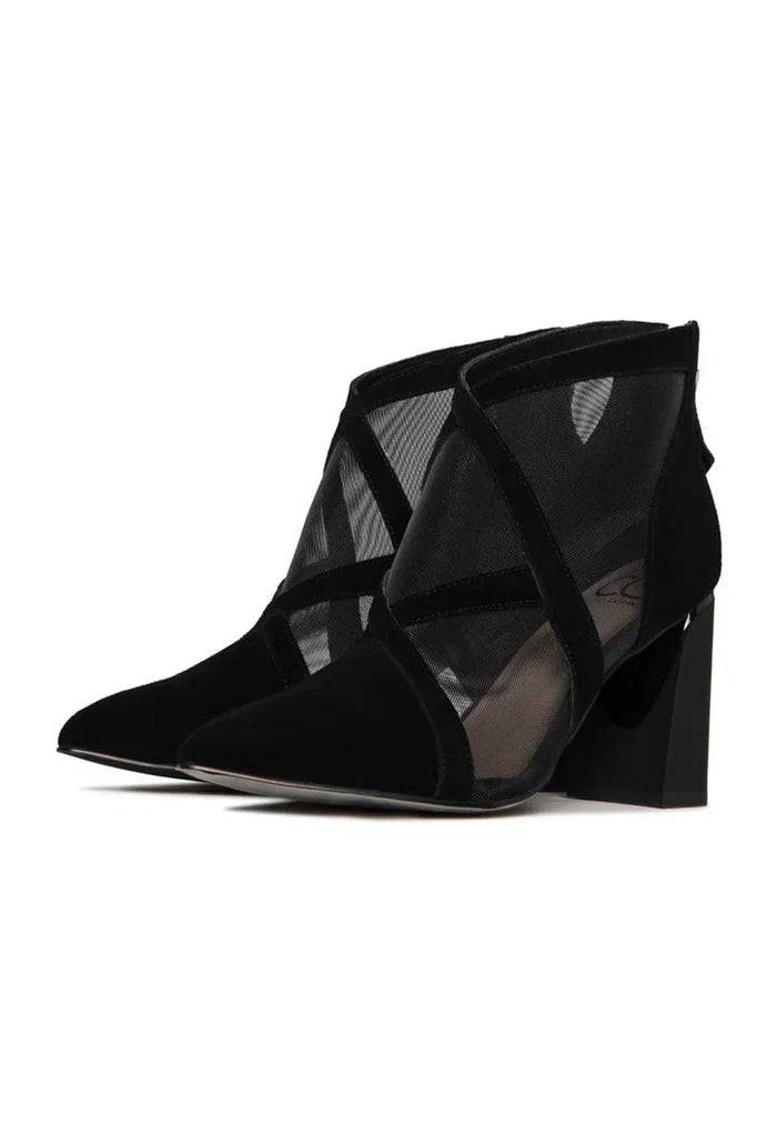 A fashionable pair of black sheer ankle boots for women, featuring mesh construction and a transparent look.