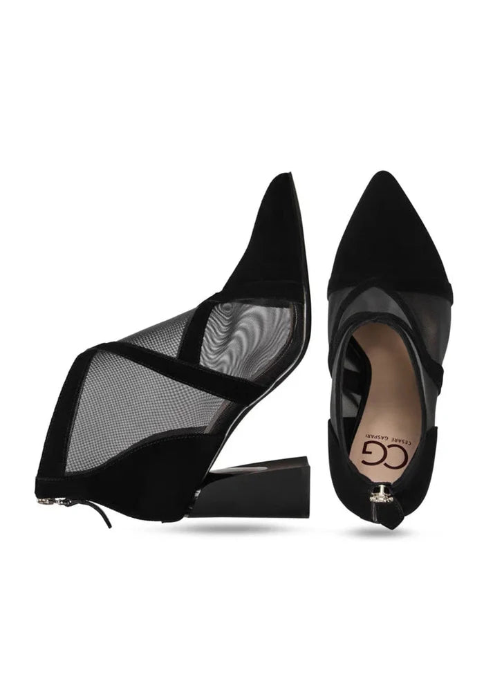 A trendy pair of women's black sheer ankle boots, perfect for a touch of elegance with their transparent mesh design.