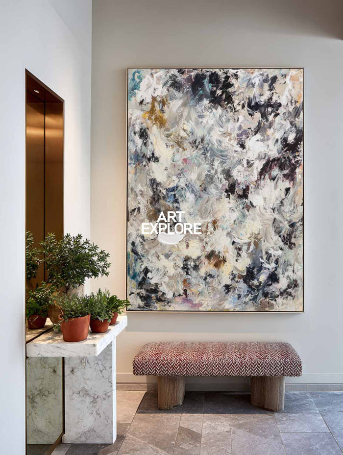 Modern Black And White Abstract Painting With Textured Impasto For Contemporary Living Room Decor