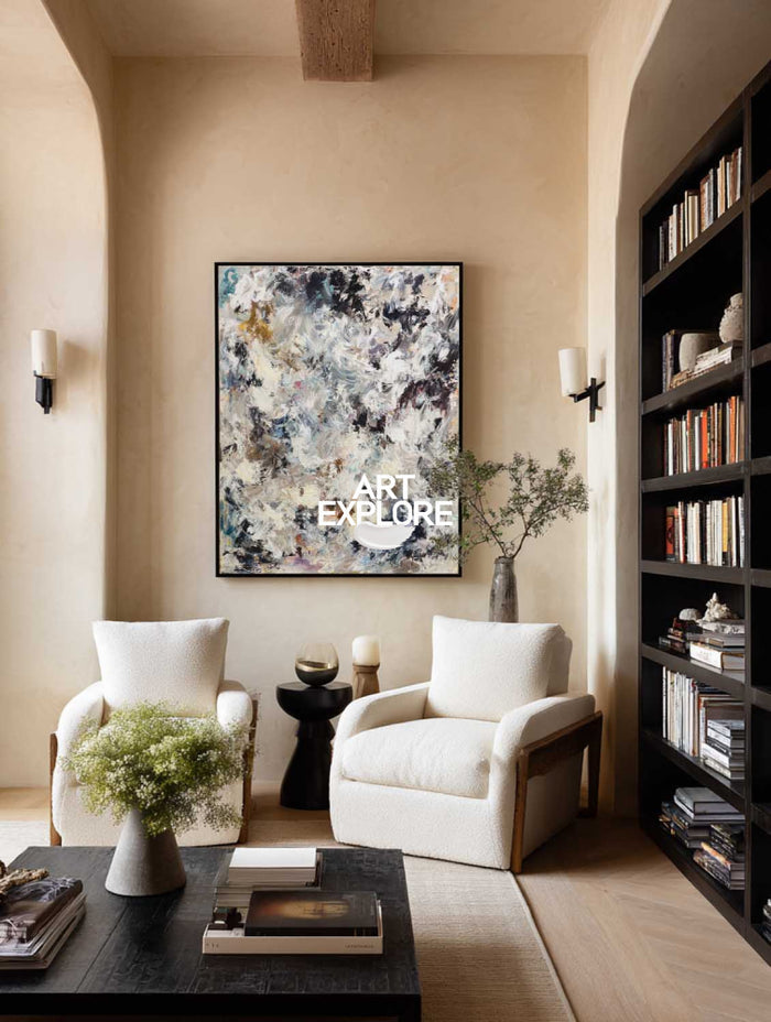 Modern Black And White Abstract Painting With Textured Impasto For Contemporary Living Room Decor