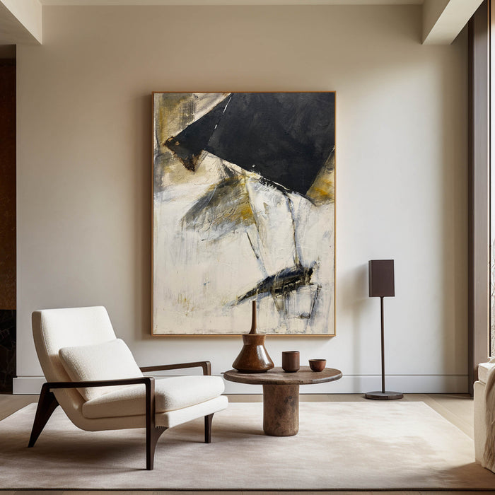 Large Vertical Modern Canvas Wall Art Original Black White Yellow Abstract Painting On Canvas Abstract Wall Art