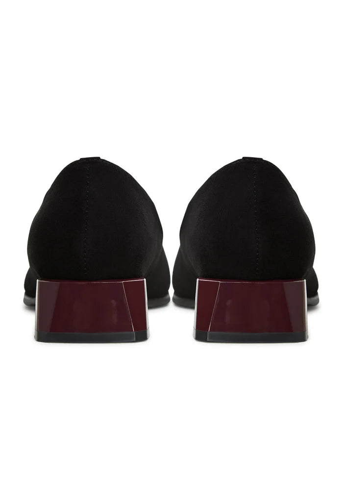 A stylish pair of black suede Ingrid ballerinas, perfect for women looking for on-trend block heel ballerina shoes.