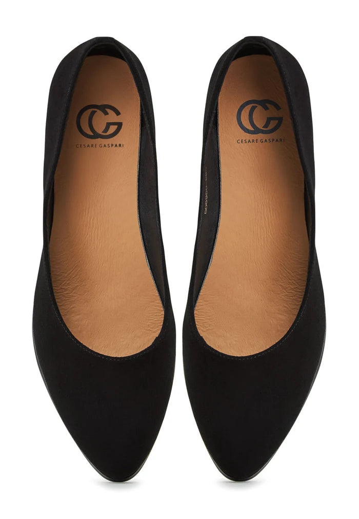 A pair of stylish black suede Ingrid ballerinas, featuring a block heel design for women.