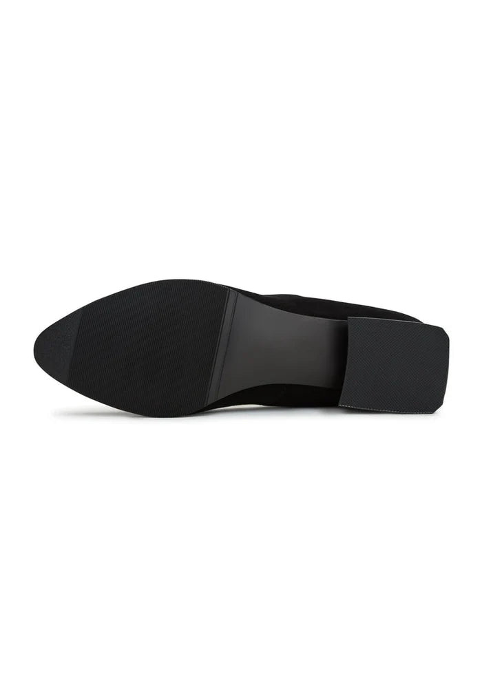 A pair of stylish Ingrid ballerinas in black suede with block heels, perfect for women looking for chic and comfortable footwear.