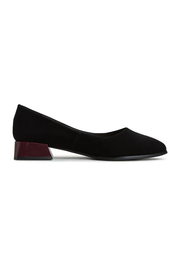 A pair of stylish black suede Ingrid ballerinas, women's block heel shoes perfect for any occasion.