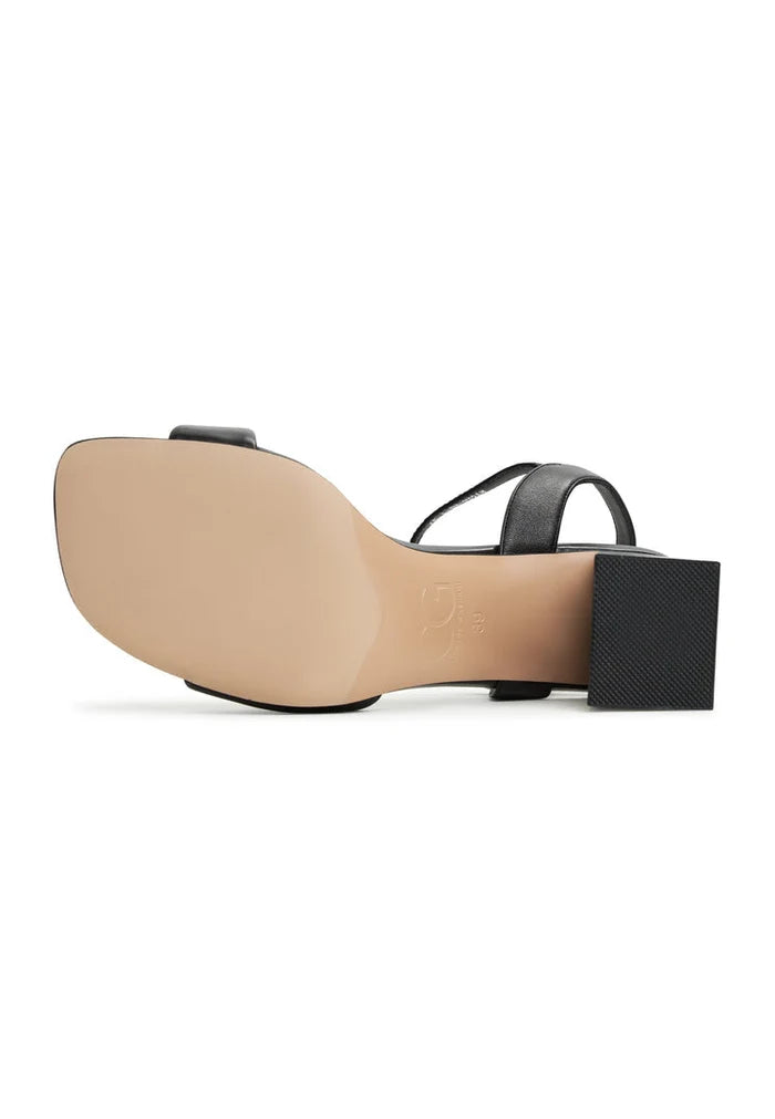 A pair of women's black open toe block heeled sandals, known as Aina black sandals. Fashionable and stylish women's heeled shoes for a trendy look.