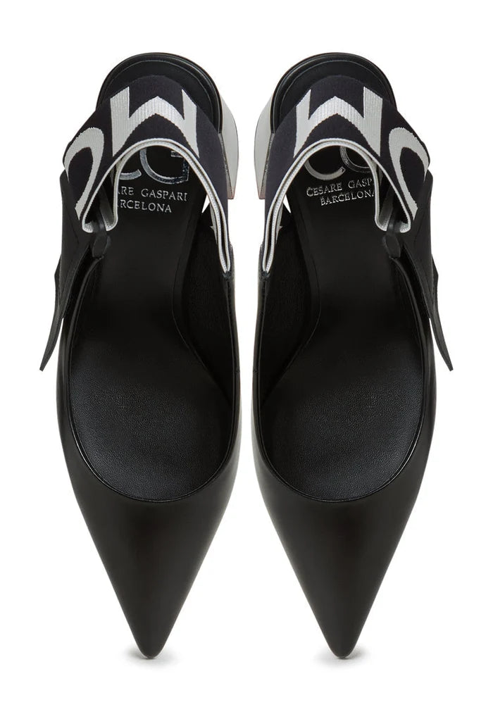 A stylish pair of block heeled slingback pumps in black, known as the Jimena pumps, a must-have in women's footwear.