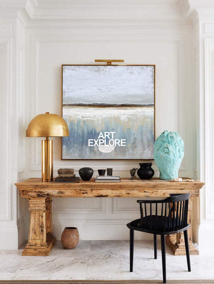 Contemporary Abstract Blue And Beige Painting For Modern Living Room Decor