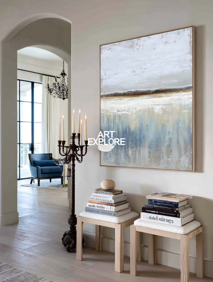 Contemporary Abstract Blue And Beige Painting For Modern Living Room Decor