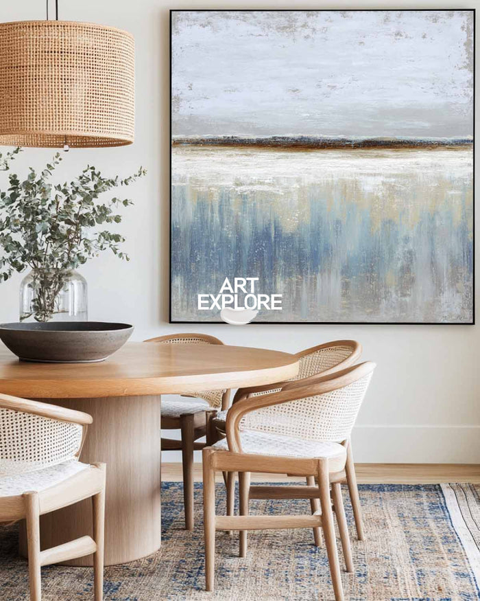 Contemporary Abstract Blue And Beige Painting For Modern Living Room Decor
