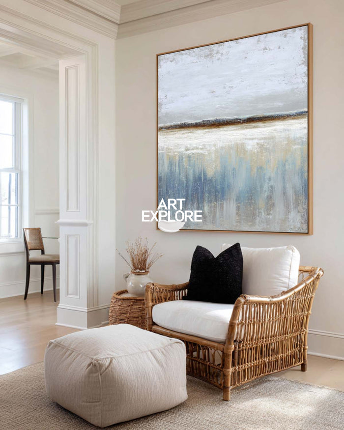 Contemporary Abstract Blue And Beige Painting For Modern Living Room Decor
