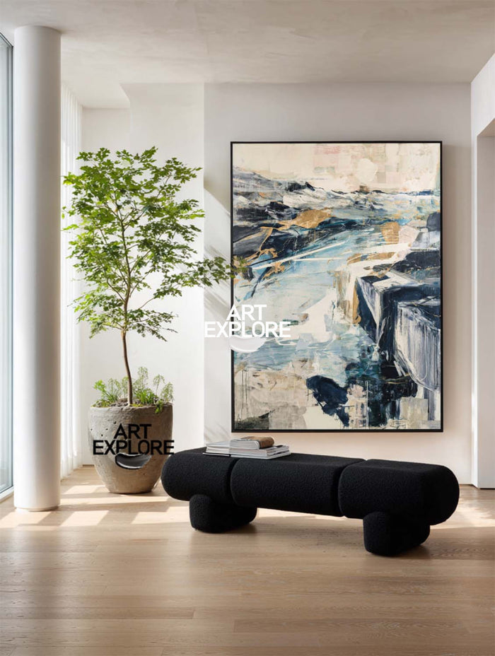 Contemporary Blue And Gold Abstract Art For Modern Living Room Decor