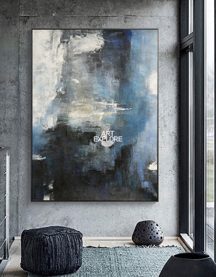 Oversized Blue White Black Abstract Art Dark Blue Painting Modern Blue Art For Wall