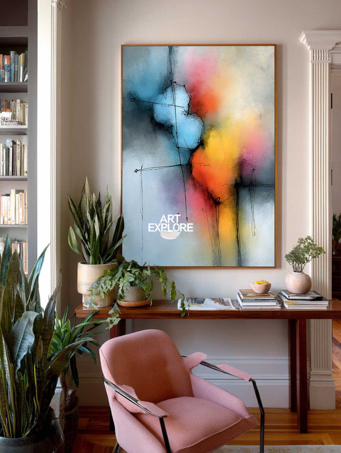 Blue And Pink Abstract Canvas Painting Hand-Painted Modern Wall Art