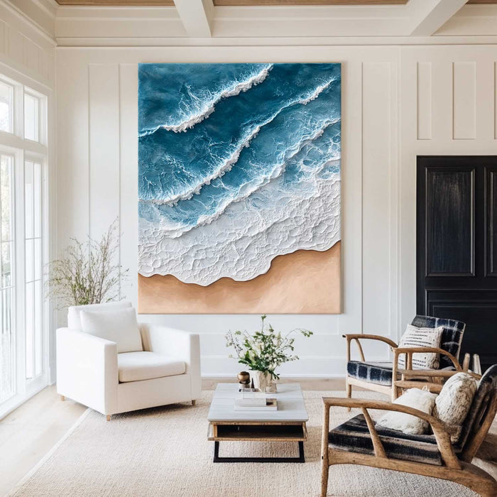 Large Blue Ocean Wave Paintings Rich Texture Blue Sea Wall Art Handmade Sea Wave Wall Art For Sale