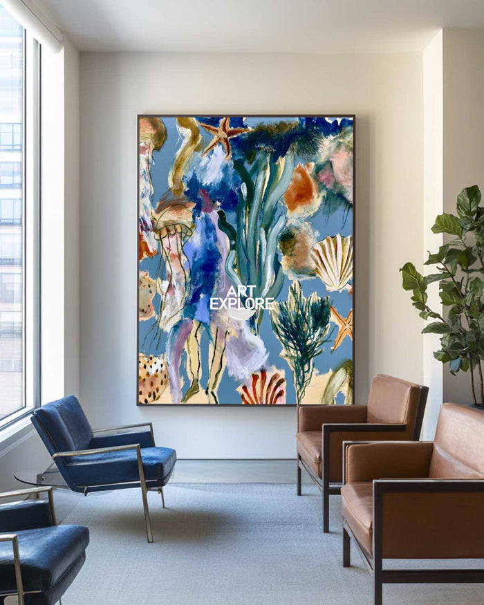 Abstract Seascape Canvas Painting With Starfish And Shells In Blue Green Tones