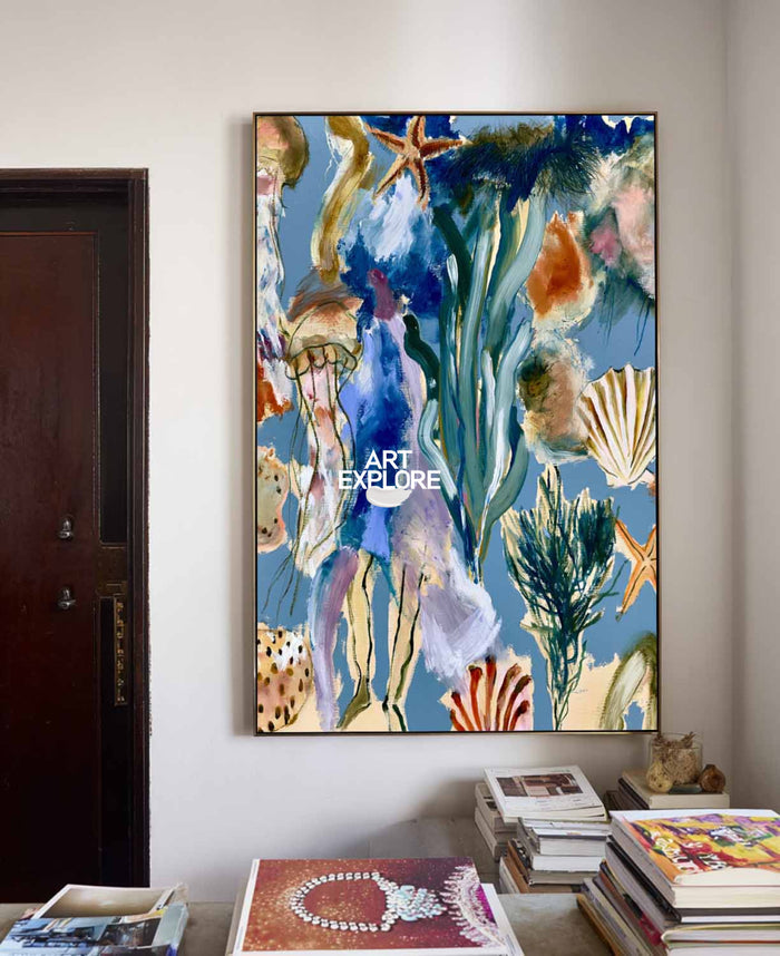 Abstract Seascape Canvas Painting With Starfish And Shells In Blue Green Tones