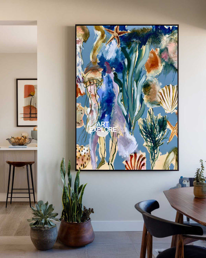 Abstract Seascape Canvas Painting With Starfish And Shells In Blue Green Tones