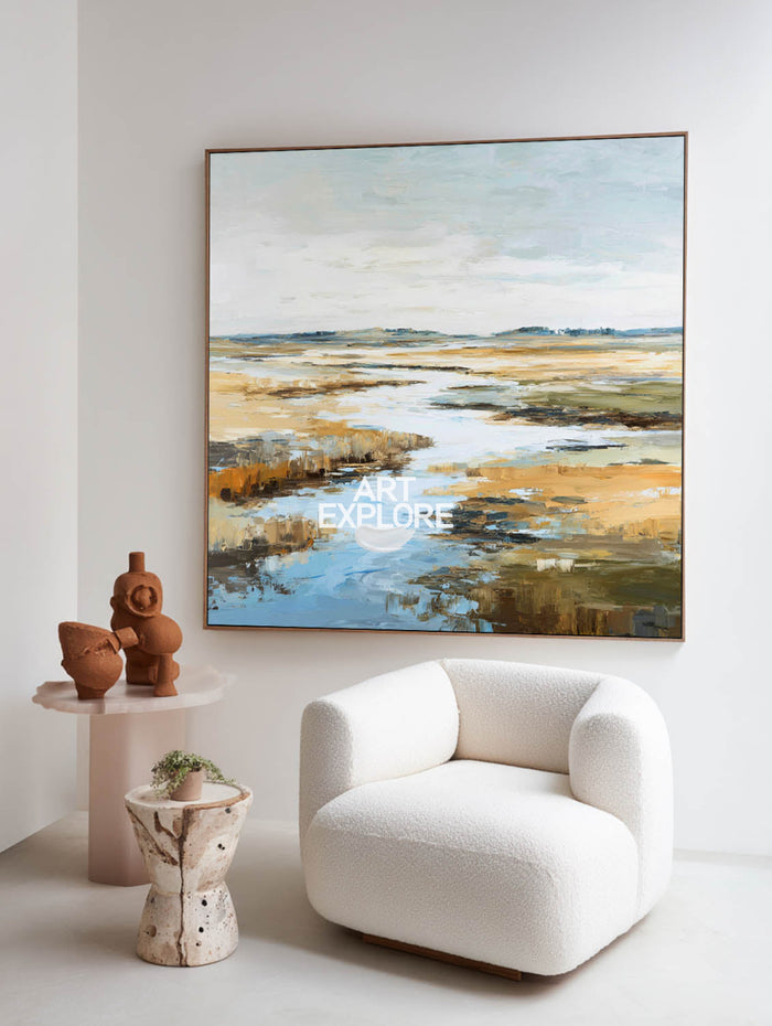 Handmade Large Blue Lake Landscape Art Square Textured Oil on Canvas | ArtExplore