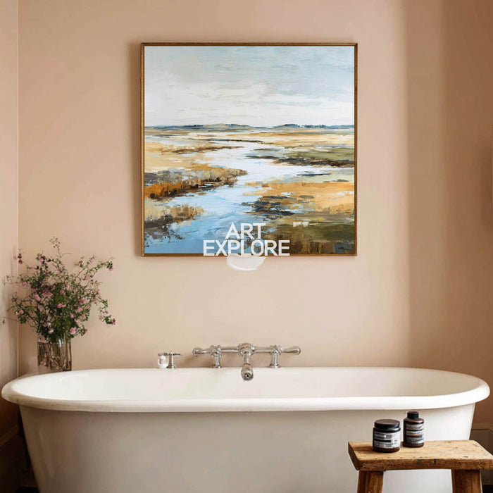 Large Square Blue Lake Landscape Art Handmade Textured Oil on Canvas | ArtExplore