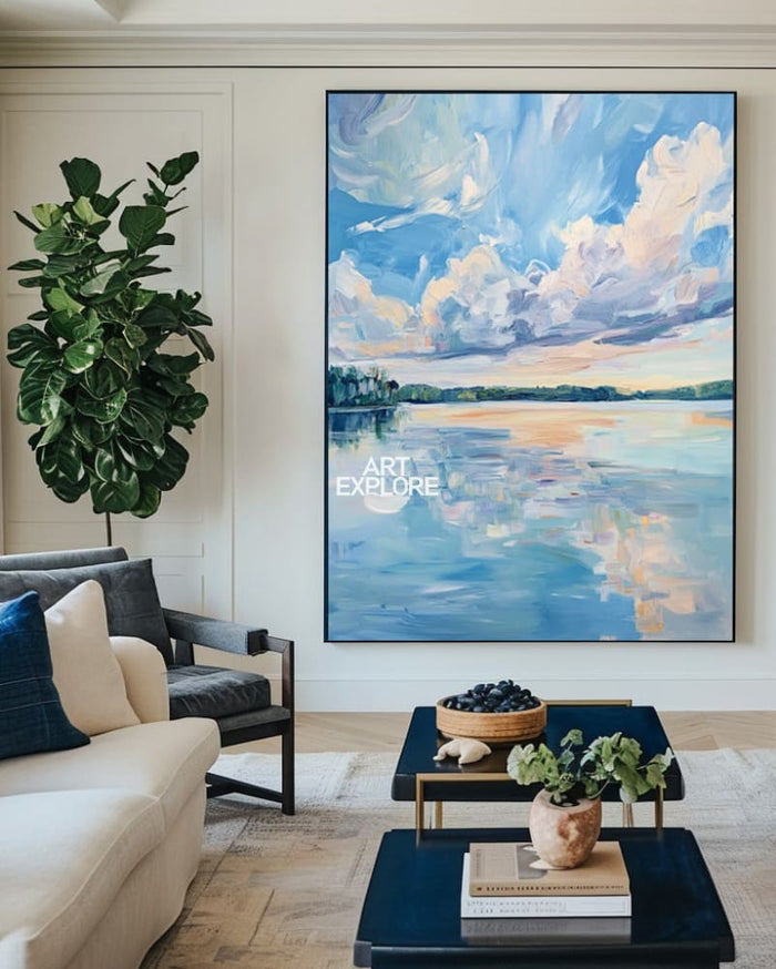 Large Blue Landscape Texture Art Minimalist Calm Wall Painting for Home | ArtExplore