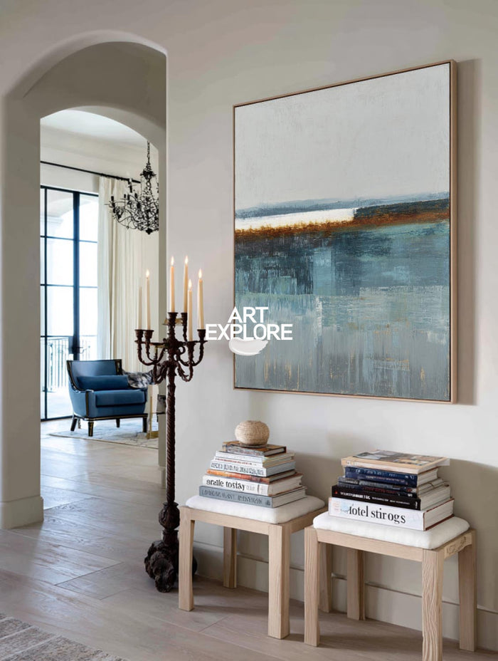 Minimalist Square Abstract Art In Blue Gray And Brown For Modern Interior Design