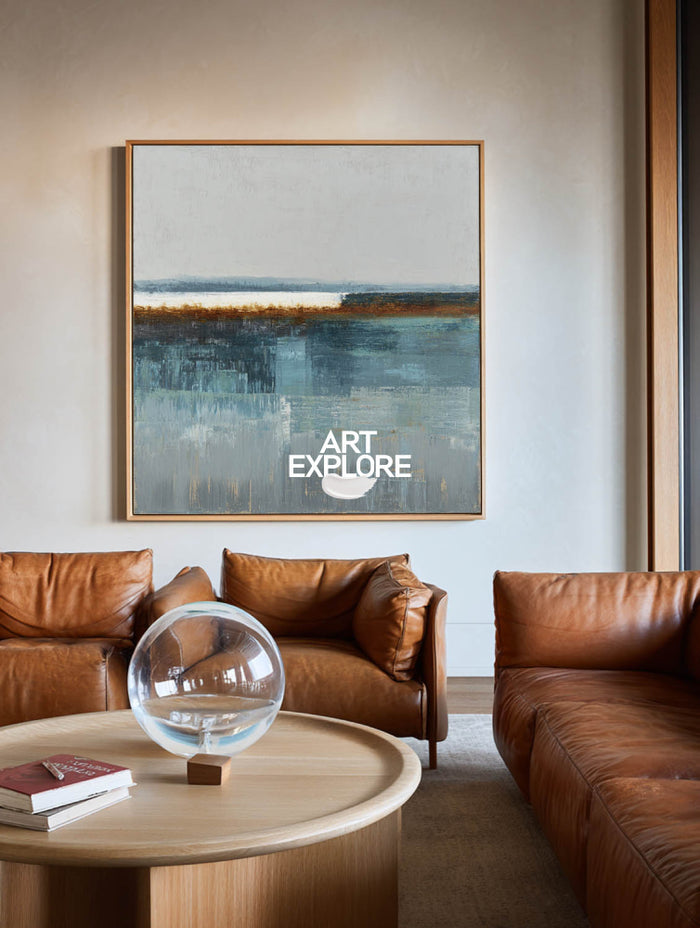 Minimalist Square Abstract Art In Blue Gray And Brown For Modern Interior Design
