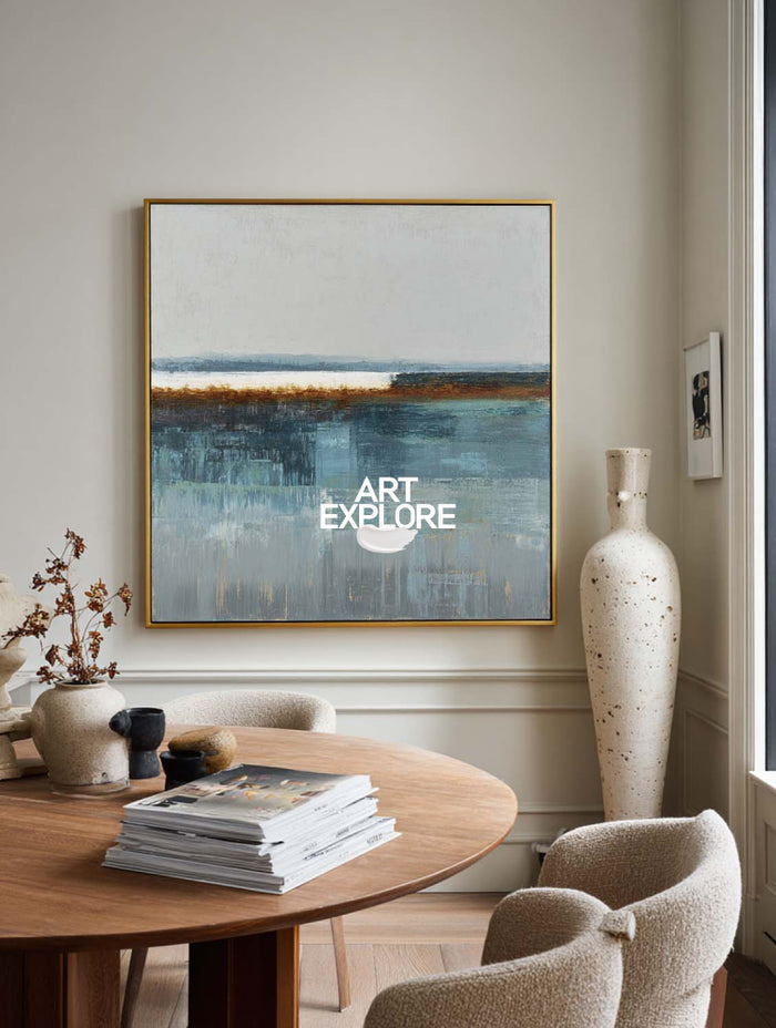 Minimalist Square Abstract Art In Blue Gray And Brown For Modern Interior Design